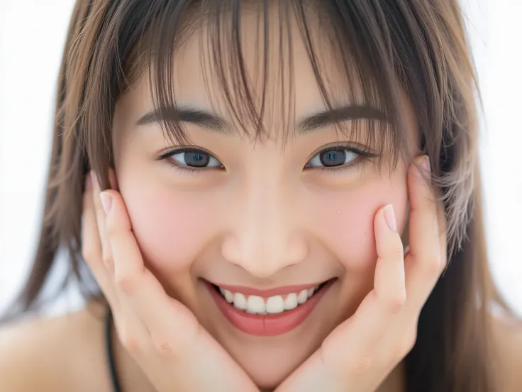 Ultra photorealistic close-up portrait of a beautiful Japanese woman, 
upper-body shot, wearing a black outfit (completely out of frame, not visible), 
shoulders and collarbone softly exposed, 
both hands pressing her cheeks in a shy, lovestruck pose, 
spa...