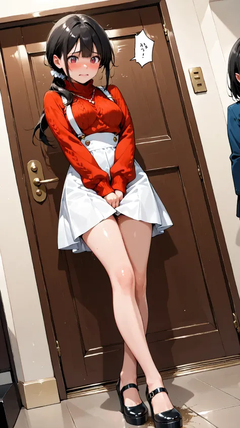 score_9, score_8_up, score_7_up, score_6_up, score_5_up, score_4_up, (extremely detailed and high-quality illustration), (best lighting effects, ultra-realistic), BREAK, (two girls separated), waiting in line for bathroom, outside of bathroom door, beautif...