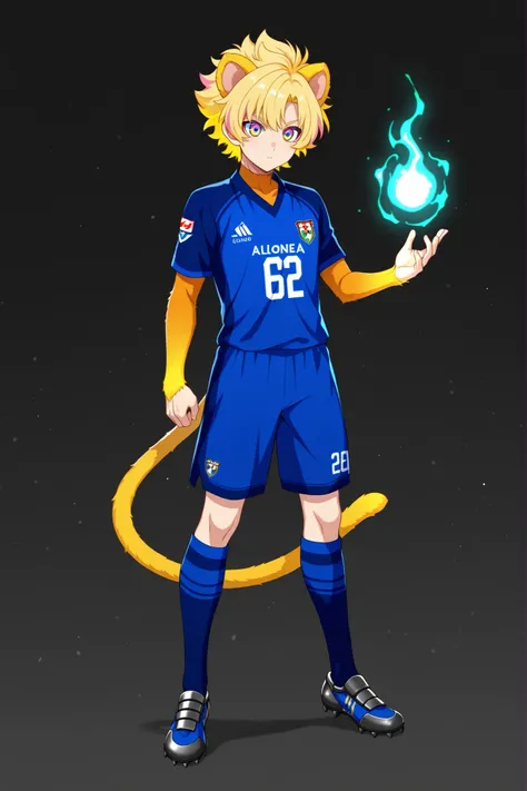(alone),blue_lock_style, standing ,tail,monkey tail,animal ears,cat ears,full body, agressive style, anime boy, soccer uniform , blond hair ,pink highlights, multicolored eyes , glowing Karma seal ,