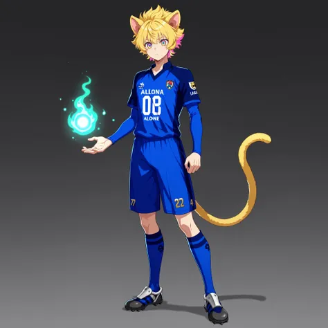 (alone),blue_lock_style, standing ,tail,monkey tail,animal ears,cat ears,full body, agressive style, anime boy, soccer uniform , blond hair ,pink highlights, multicolored eyes , glowing Karma seal ,