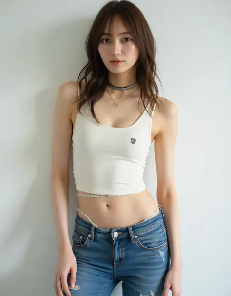 Minami Umezawa, top quality, ultra-realistic, single female, dark brown medium-long hair, perfect anatomy, perfect fingers, slim body, toned waist, thin thighs, heavily ripped washed denim jeans fastened with a safety pin, slim ivory white tank top with lo...
