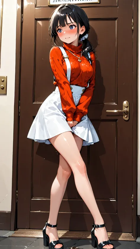 score_9, score_8_up, score_7_up, score_6_up, score_5_up, score_4_up, (extremely detailed and high-quality illustration), (best lighting effects, ultra-realistic), BREAK, (two girls separated), waiting in line for bathroom, outside of bathroom door, beautif...