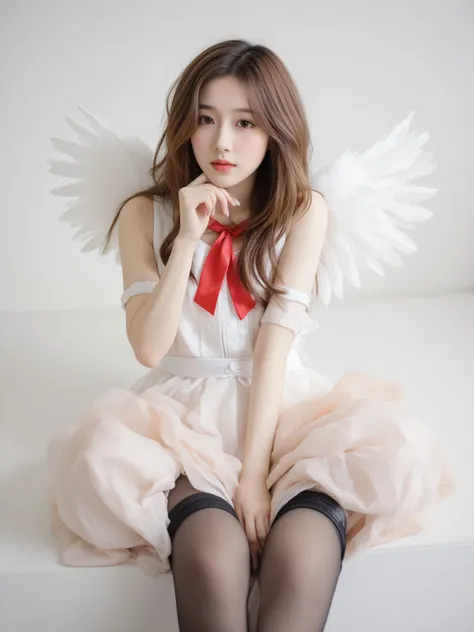 little girl with white angel wings、simple mini dress、garter belt、stockings within the limits of regulation、I'm sitting with my toes facing me、 Highly detailed portraits、Realistic、photorealistic、HDR、UHD、Studio Light、Extreme Details、Professional、bright color...