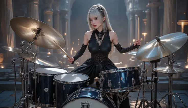 ultra detailed, absolutely resolution, masterpiece, a very beautiful female heavy metal drummer, (drum set, with two bass drums, one snare drum, ten toms, a floor tom, and twenty iridescent, plated cymbals of various sizes), wearing their own gothic stage ...