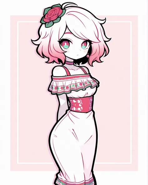 CartoonyIllustrious,shojo anime girl, short pastel hair, wearing traditional Mexican dress simplified, pastel red green white palette, clean line art, cel-shading, white background (Septiembre 15 vibe)