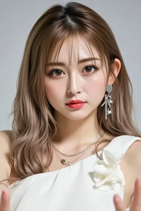 (Woman crossing her legs on an office sofa、Sitting girl)、((lying on a sofa bed))Beauty、One person、One person、long hair、Viewer、Smile Yan、blue eyes、hair ornaments、、gem、gray hair、口を close、Dull bangs、nail polish、bracelet、lips、Gray eyes on her back、portrait、red...