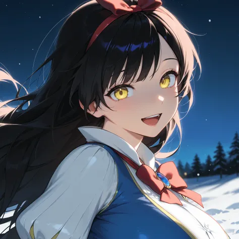 score_9, score_8_up, score_7_up, masterpiece, best quality, detailed face, 1 girl, solo, beautiful, big chest, curvy body, mature, light makeup, adorable, open mouth, gentle smile, cheerful,
Very long hair, black hair, yellow eyes, parted middle bangs, blu...