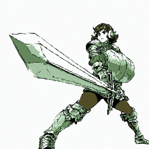  brandishing a large sword, solo, greatsword, 1girl, 18yo girl, short hair, brown hair, short wavy hair, long sleeved sweater, breastplate, pauldrons, tights, greaves, earmuffs, broadsword, covered breasts, breastplate, steel armor, simple background, Amaz...