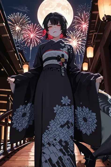 Ellen Joe from Zenless Zone Zero, wearing a beautiful and elegant traditional Japanese kimono with a deep purple top and a long, flowing black bottom, the kimono is graceful and fully covers her legs, with intricate floral patterns in silver and red, made ...