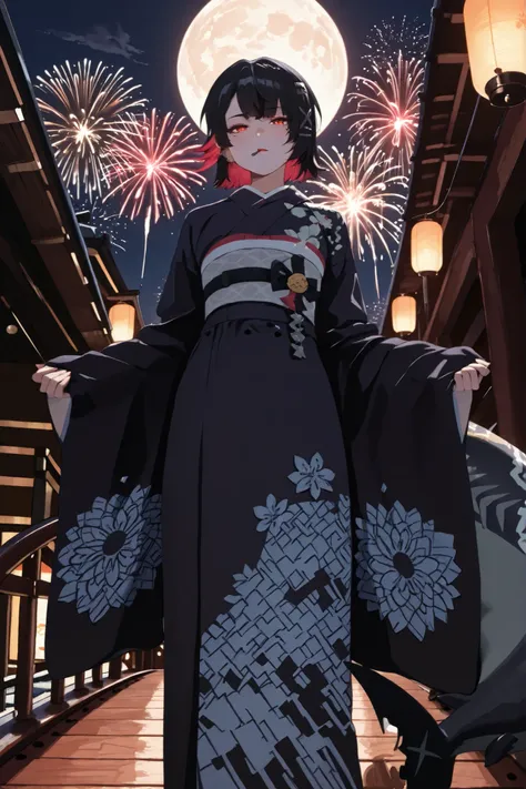 Ellen Joe from Zenless Zone Zero, wearing a beautiful and elegant traditional Japanese kimono with a deep purple top and a long, flowing black bottom, the kimono is graceful and fully covers her legs, with intricate floral patterns in silver and red, made ...