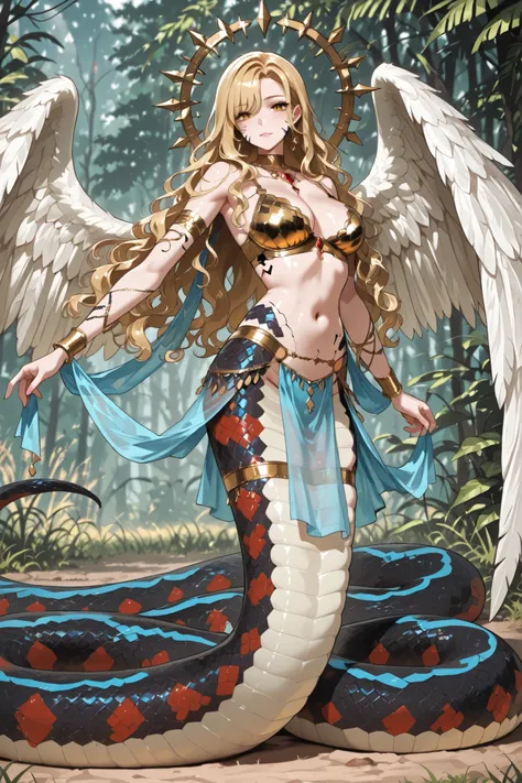 Lamia style girl. Blonde hair. Wavy hair. Asymmetrical bangs. Arabian dancer style. Armored bra. Golden bra. Black snake body. Garter snake elements. Red patterned scales. Blue striped scales. Angel wings. Swamp. Tallgrass.