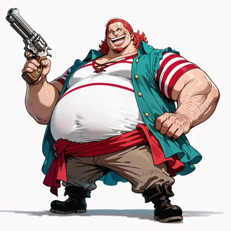 (male), (old man), (short legs), (large arm), (very fat body), (red hair), (medium hair), (goatee), (happy face), (giant body), (giant character), (holding one revolver in one hand), (solo), (single character), (full body version), (white background), (no ...