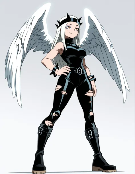 ((Highest Quality)), ((Simple Dark grey background)), (My hero academia style), full body, 1female, female, Solo, medium breasts, thighs, hips, thick Shin, standing, smiles, hand on lower back, Athletic body, Slim body, slender body, Orange eyes, Freckles,...