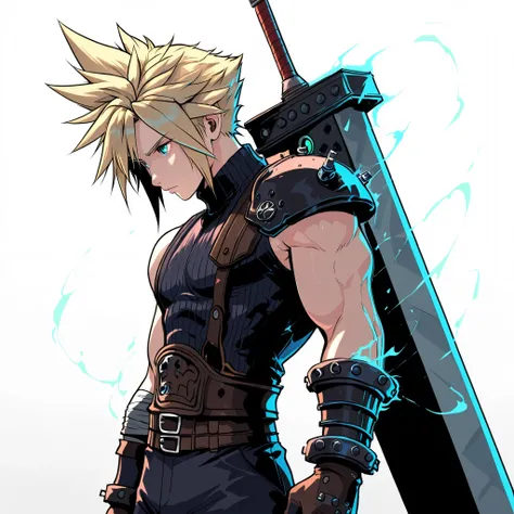 masterpiece, best quality, Cloud Strife, blue swirling energy aura, lean and well defined muscles, Male, Buster Sword on back, teal eyes,  8k, Super Detailed, final fantasy 7, extremely detailed,  perfect anatomy, perfect face, 