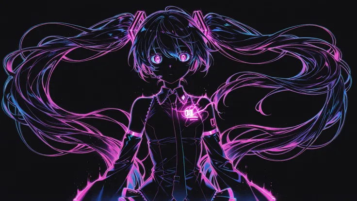 Hatsune Miku,limited palette,black background,colorful,vibrant,glowing outline,neon,blacklight,looking at viewer, masterpiece, very aesthetic