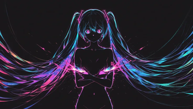 naked,Hatsune Miku,limited palette,black background,colorful,vibrant,glowing outline,neon,blacklight,looking at viewer, masterpiece, very aesthetic