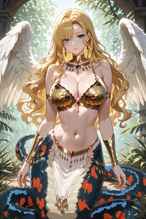 Lamia style girl. Blonde hair. Wavy hair. Asymmetrical bangs. Arabian dancer style. Armored bra. Golden bra. Black snake body. Garter snake elements. Red patterned scales. Blue striped scales. Angel wings. Swamp. Tallgrass.