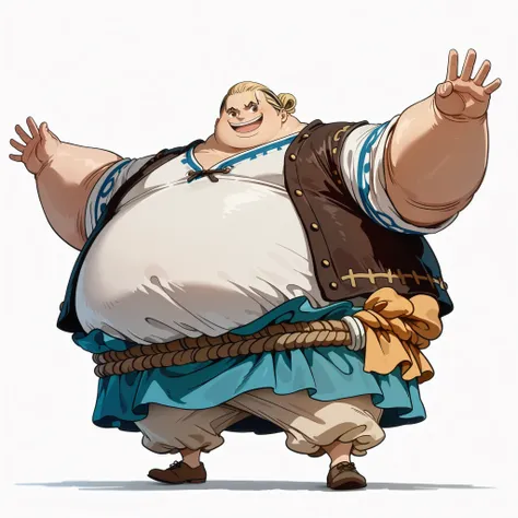 (male), (teen boy), (short legs), (large arm), (very fat body), (slick back hairstyle), (blonde hair), (brown eyes), (no beard), (happy face), (happy pose), (giant body), (giant character), (solo), (single character), (full body version), (white background...