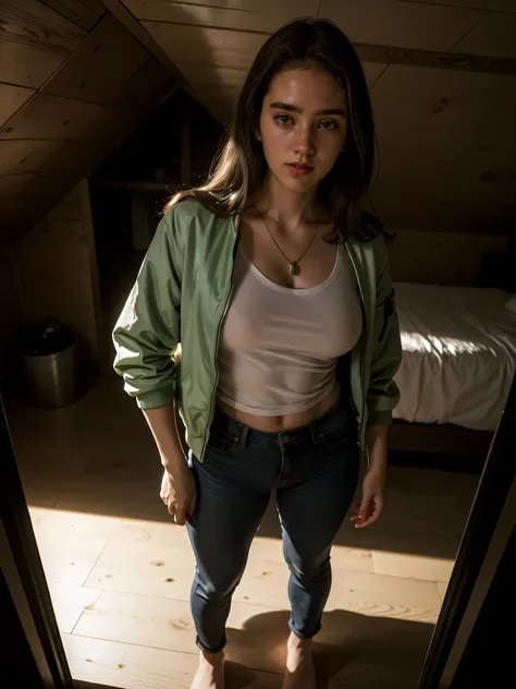 (((ultra realistic))) ((Jennifer Connelly )) wearing blue jeans pants, white t-shirt and darker green bomber jacket, necklace with emerald pin, super green eyes, brunnete, long hairstyle, Room of wood, surrounded by mist, mysterious and angelical atmospher...