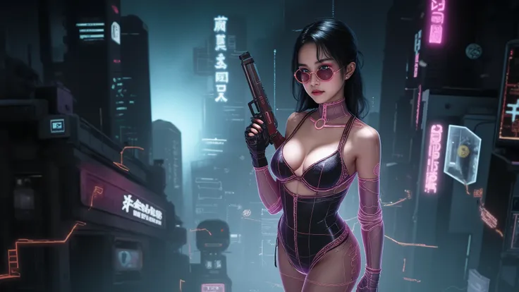 blueprint style buildings. (((high angle view, overhead shot))). Translucent Chinese girl in mid-ground, ((half-body thigh level medium:1.8 shot)), long hair, open legs, (((transparent:0.1 short:0.1 shift dress))), cleavage, medium-breast:1.0, (((aiming sh...