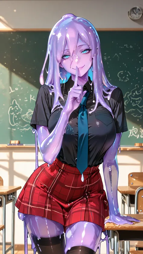 handfixer,dasiwaslgl,SOLO,A Purple Slime Girl,Blue Eyes,Slime long hair Shiny Skin,Slim Body,Big Breasts,Slim Waist,Big Hip,Wearing A Black Short Sleeves Shirt With Blue Tie,Red JK Skirt,Black Stockings,Standing in A Classroom,((Shushing)),Lean Forward,Evi...
