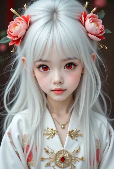 Very big red eyes are impressive(Big red eyes blend seamlessly) Silver Hair、white skin、Clean, high nose、White Smooth Silky Skin、Very Big Eyes、gorgeous peony flower hair ornament、Very gorgeous Tang costume、５The seven-year-old princess's 753、the beautiful wh...