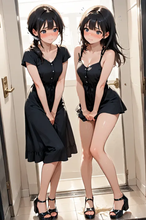 score_9, score_8_up, score_7_up, score_6_up, score_5_up, score_4_up, (extremely detailed and high-quality illustration), (best lighting effects, ultra-realistic), BREAK, two girls separated, (waiting in line for bathroom), outside of bathroom door, beautif...
