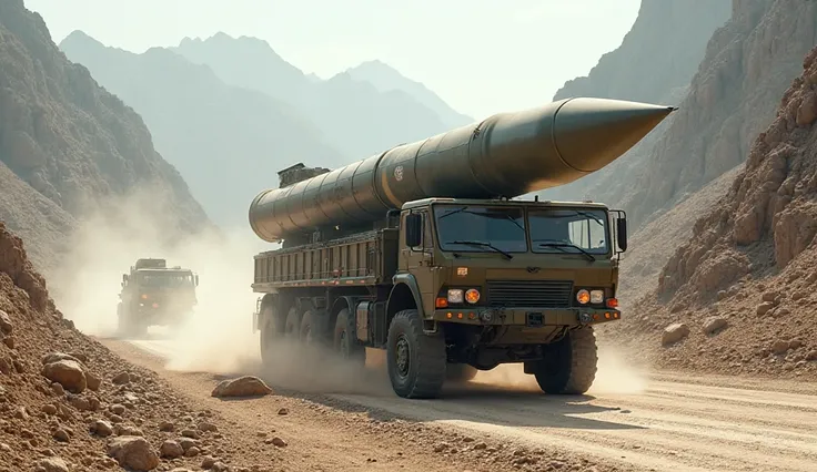 Mobility Display
"Fateh-110 missile on a transporter-erector-launcher truck driving through rough mountain terrain, military convoy, dusty road, cinematic realism"