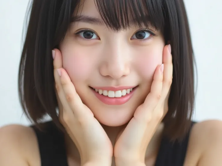 (Refined from an old photo, recreated in a modern, ultra high-quality photorealistic style), 
Ultra photorealistic close-up portrait of a beautiful Japanese woman, 
upper-body shot, wearing a black outfit (completely out of frame, not visible), 
shoulders ...