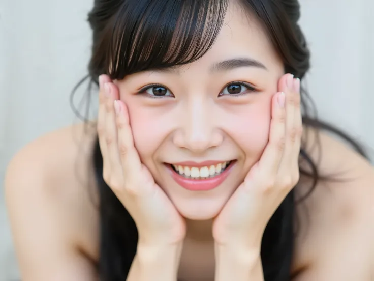 (Refined from an old photo, recreated in a modern, ultra high-quality photorealistic style), 
Ultra photorealistic close-up portrait of a beautiful Japanese woman, 
upper-body shot, wearing a black outfit (completely out of frame, not visible), 
shoulders ...