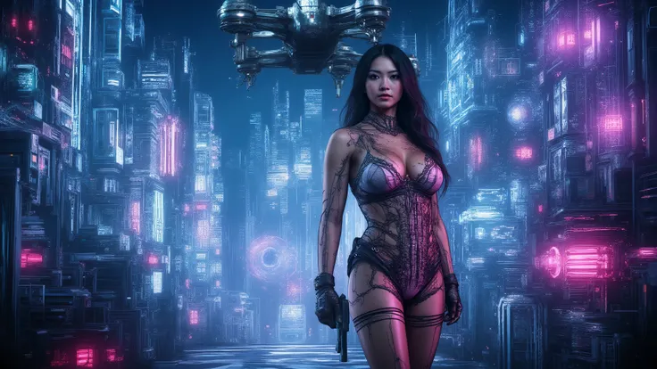 (blueprint style buildings, medium size flying 1drone). (((high angle view, overhead shot))). Translucent Chinese girl in mid-ground, ((half-body thigh level medium:1.8 shot)), long hair, open legs, (((transparent:0.1 short:0.1 shift dress))), cleavage, me...