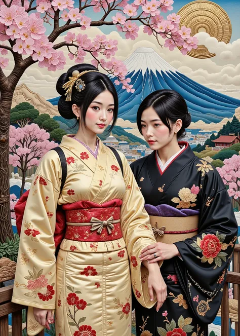 masterpiece, Best Composition, Highest Quality, Patchwork Quilt World, Handmade style, cute Japanese girl、Punk style kimono based on gold and vermilion、Cheating Wife's Husband、Background、Scenery of Japan including Mt. Fuji. Fuji and cherry blossoms