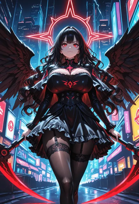 masterpiece, Hi-Res, Very High Definition, 8k, super detailed, Highest Quality, Young Angel, solo, tall, black wings, red angel ring , long black hair, wavy hair, Beautiful Character Designs, perfect contrast, anatomically accurate, beautiful faces, beauti...