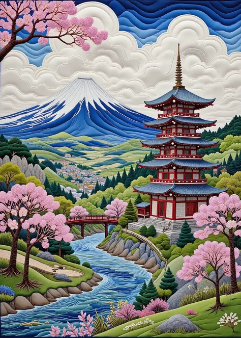 masterpiece, Best Composition, Highest Quality, Patchwork Quilt World, Handmade style, Mt. Fuji、cherry blossoms、Green Plains、The vermilion five-story pagoda、Arakurayama Sengen Park、famous tourist photos