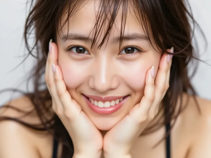 (Refined from an old photo, recreated in a modern, ultra high-quality photorealistic style), 
Ultra photorealistic close-up portrait of a beautiful Japanese woman, 
upper-body shot, wearing a black outfit (completely out of frame, not visible), 
shoulders ...