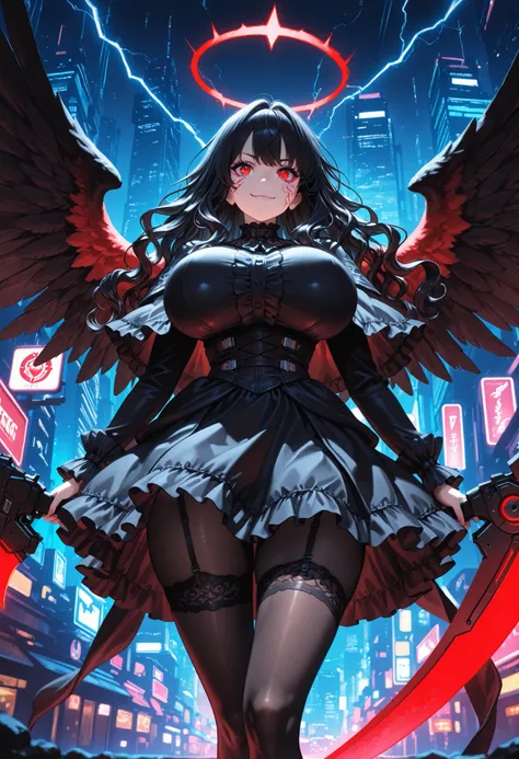 masterpiece, Hi-Res, Very High Definition, 8k, super detailed, Highest Quality, Young Angel, solo, tall, black wings, red angel ring , long black hair, wavy hair, Beautiful Character Designs, perfect contrast, anatomically accurate, beautiful faces, beauti...