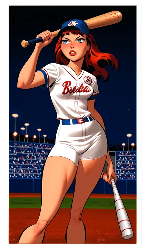 JCampellXL,
holding a baseball bat, stadium, suor, capa, baseball uniform, seios grandes, cintura estreita, quadris largos, coxas grossas, looking at the spectator, cowboy shooting, dynamic pose, , wide shot, only, sexually suggestive, leve sorriso, um olh...