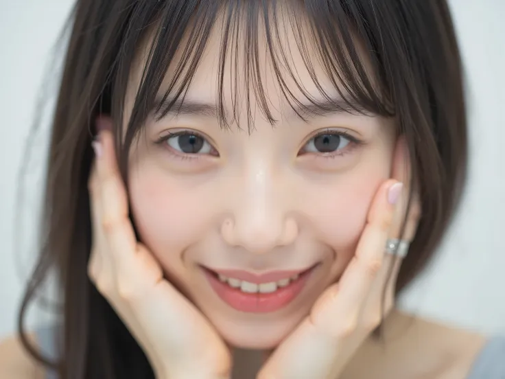 (Refined from an old photo, recreated in a modern, ultra high-quality photorealistic style), 
Ultra photorealistic close-up portrait of a beautiful Japanese woman, 
upper-body shot, wearing a black outfit (completely out of frame, not visible), 
shoulders ...