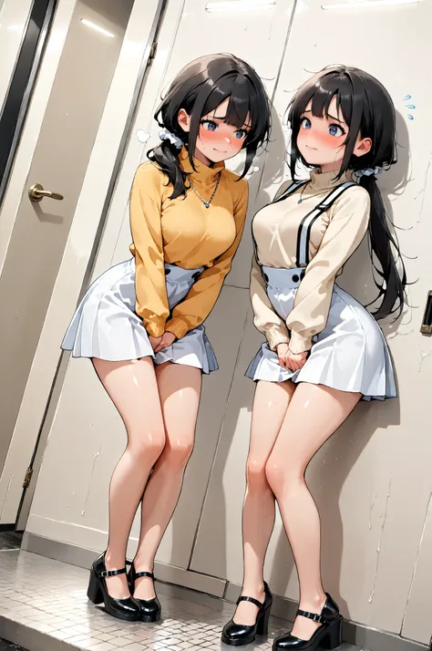 score_9, score_8_up, score_7_up, score_6_up, score_5_up, score_4_up, (extremely detailed and high-quality illustration), (best lighting effects, ultra-realistic), BREAK, two girls, (waiting in line for public bathroom), outside of public bathroom door, bea...