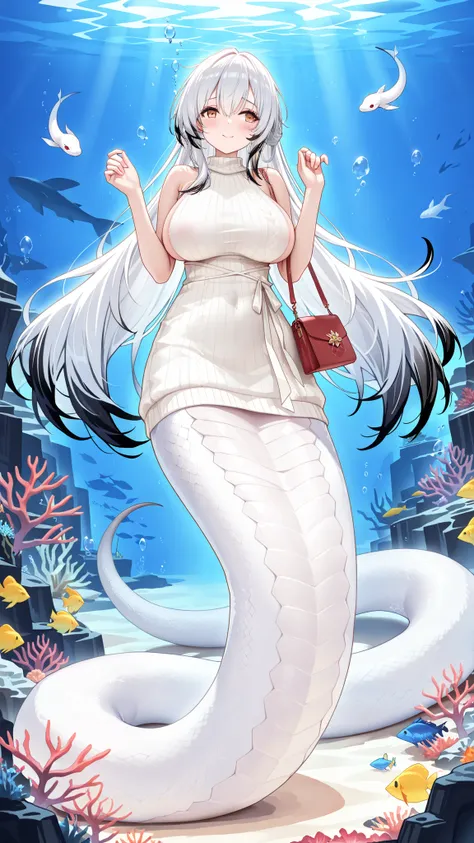 a mature woman,alone,Hai Tien (azur lane),white hair,multicolored hair, long hair,Dissemination,big boobs,blush,golden eyes,white sleeveless sweater,(Underwater:1.2),seabed,full body photo of the grade,masterpiece,Up to,HD,amazing quality,is very beautiful...