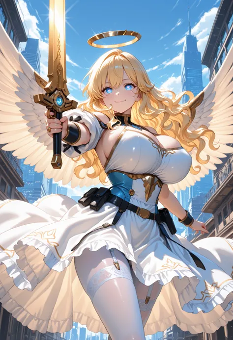 masterpiece, Hi-Res, Very High Definition, 8k, super detailed, Highest Quality, Young Angel, solo, tall, White Wings, golden angel ring, blond long, wavy hair, Beautiful Character Designs, perfect contrast, anatomically accurate, beautiful faces, beautiful...