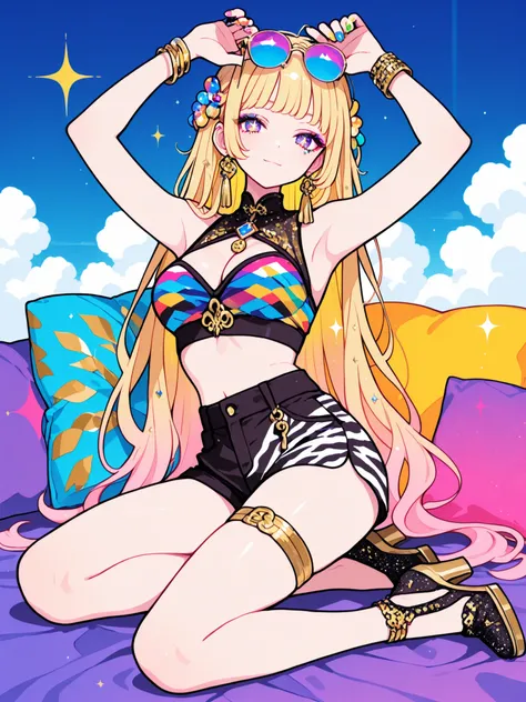 
Woman, solo, Colorful nails, rimless, eyes of gold, long hair,, hair ornaments,Zebra pattern background, Blonde, Sparkling Makeup on Her Face、Shibuya、moving pose、Angle from Above、colorful sunglasses、Full Body、Gal、shorts to hold pillows、pieces、Highest Qual...