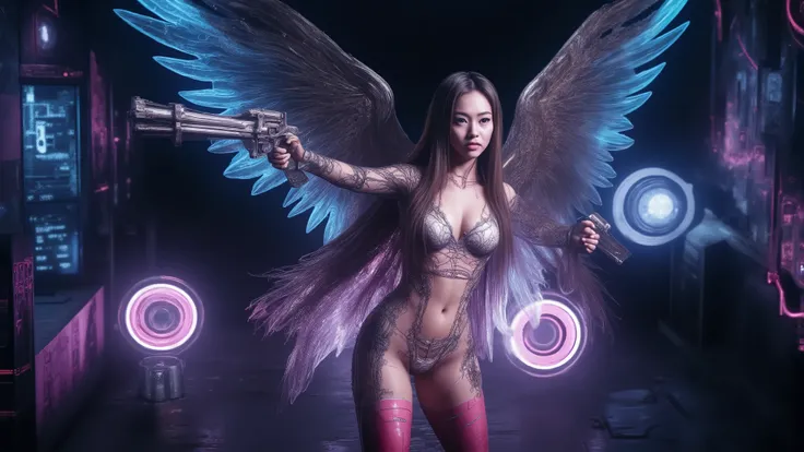 (blueprint style buildings, medium size flying 1drone). (((high angle view, overhead shot))). Translucent Chinese girl with mechanical wings in mid-ground, ((half-body thigh level medium:1.8 shot)), long hair, open legs, (((transparent:0.1 short:0.1 shift ...