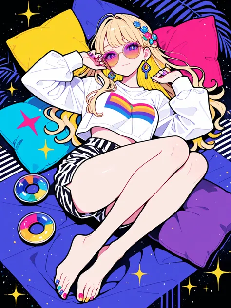 
Woman, solo, Colorful nails, rimless, eyes of gold, long hair,, hair ornaments,Zebra pattern background, Blonde, Sparkling Makeup on Her Face、Shibuya、moving pose、Angle from Above、colorful sunglasses、Full Body、Gal、shorts to hold pillows、pieces、Highest Qual...