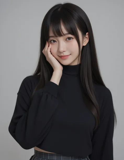 1girl, small breasts, 
long hair, black hair, center-flap bangs, 
black sweater, sleeves past fingers, pleated skirt, 
simple background, hand on own face, light smile, portrait,,