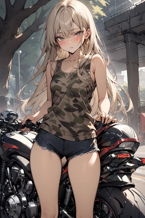 ((masterpiece,Highest Quality:1.2)),(soro),slender,A junior high school girl riding a motorcycle at the harbor and staring at me,cowboy shot,beautiful skin,(Thin thighs),(healthy tanned skin),light brown very long straight hair,Perfect brown eyes , tree ey...