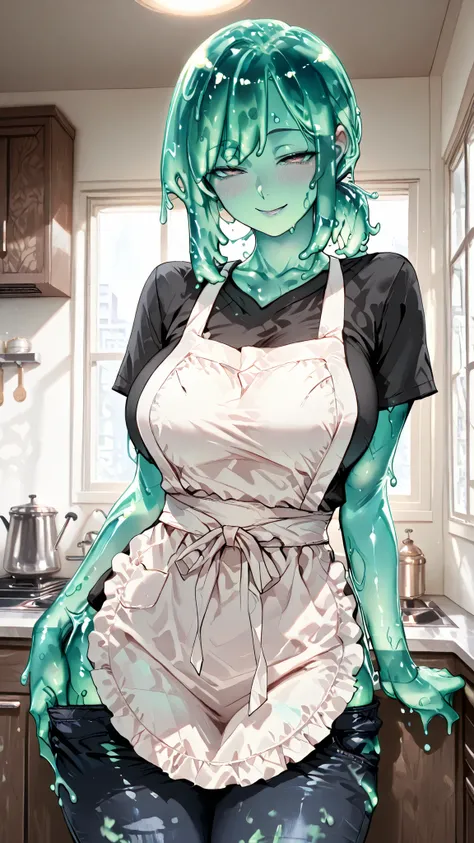 handfixer,dasiwaslgl,SOLO,A Green Slime Female,Mature Female,(Slime hair,Short ponytail), Shiny Skin,Slim Body,Big Breasts,Slim Waist,Big Hip,Wearing A Black T-Shirt, Long Jean Pants,White apron,Standing In the kitchen, Beside the window,((Torogao,Seductiv...