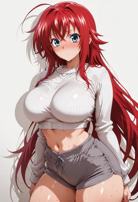 (masterpiece), Anime Style,solo,alone,only 1 girl,Rias Gremory standing, , , COWBOY SHOT, detailed rendering, smooth skin ,, looking at viewer, nose blush, shiny legs, shi...
