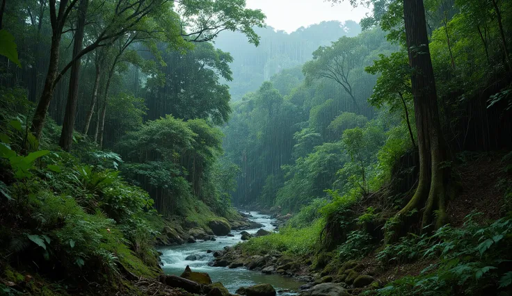 ultra realistic rain forest, beautiful high contrast, rainy