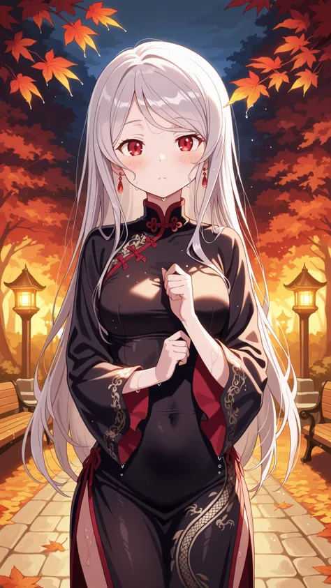 BREAK (masterpiece:1.2),Peaceful Japanese park during autumn after rainfall, vibrant red and golden maple leaves scattered across glistening stone paths, wet wooden benches under glowing foliage, stone lanterns reflecting in puddles, warm light shining thr...